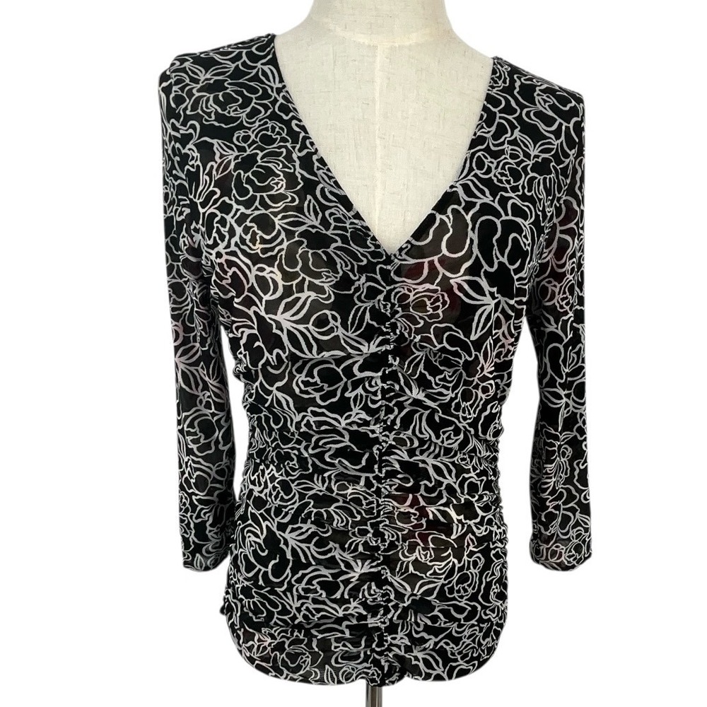 WHBM Black Floral Ruched V Neck 3/4 Sleeve Top Women's Fashion Blouse Reversible - Picture 2 of 11